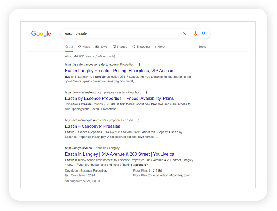 Screenshot showing "eastin presale" keyword ranking #1