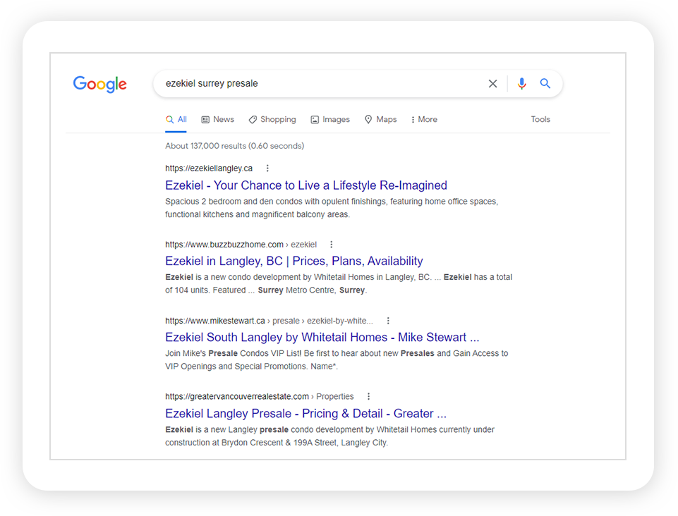 Screenshot showing "ezekiel surrey presale" keyword ranking #4