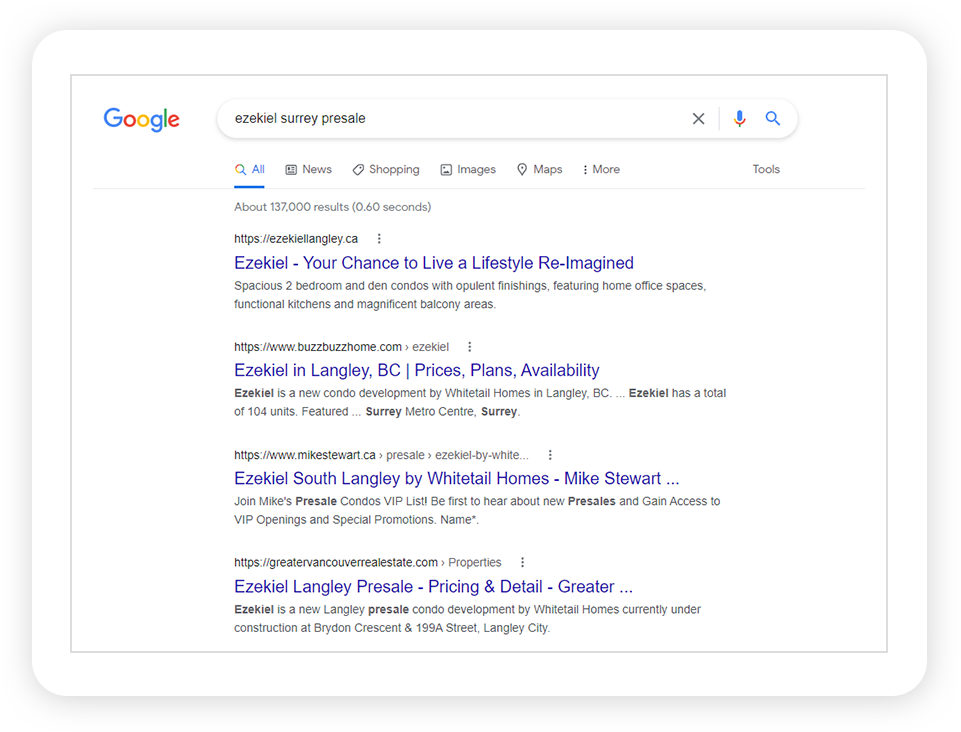 Screenshot showing "ezekiel surrey presale" keyword ranking #4 Screenshot showing "ezekiel surrey presale" keyword ranking #4