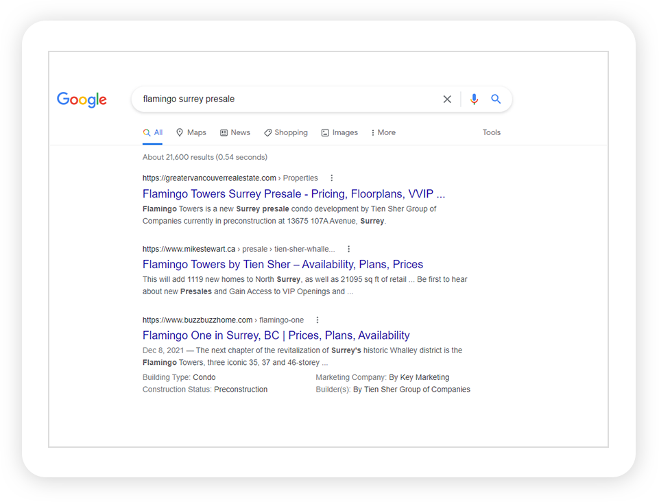 Screenshot showing "flamingo surrey presale" keyword ranking #1 Screenshot showing "flamingo surrey presale" keyword ranking #1